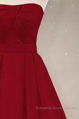 Simple A Line Strapless Long Red Semi Formal Prom Dress Evening Dress