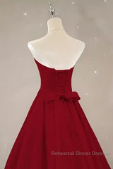Simple A Line Strapless Long Red Semi Formal Prom Dress Evening Dress