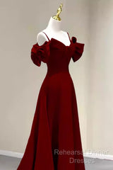 Simple A Line Straps Red Satin Long Semi Formal Prom Dresses