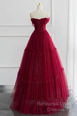 Simple A-Line Tulle Burgundy Long Semi Formal Prom Dress