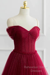 Simple A-Line Tulle Burgundy Long Semi Formal Prom Dress