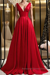Simple A Line V Neck and V Back Red Satin Long Semi Formal Prom Dresses, Cheap V Neck Red Formal Graduation Evening Dresses