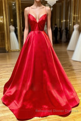 Simple A Line V Neck Backless Red Long Semi Formal Prom Dresses, Backless Red Fromal Dresses, Red Evening Dresses