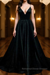 Simple A Line V Neck Black Satin Long Semi Formal Prom Dresses, Black Formal Dresses, Evening Dresses 2019
