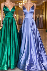 Simple A Line V Neck Emerald Green Blue Long Semi Formal Prom Dresses, Simple Satin Long Formal Evening Dresses