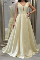 Simple A Line V Neck Open Back Yellow Long Semi Formal Prom Dresses, Yellow Formal Evening Dresses