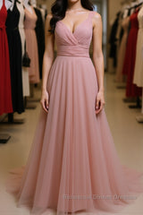 Simple A Line V Neck Pink Tulle Long Semi Formal Prom Dresses Bridesmaid Dresses, V Neck Pink Formal Dresses, Pink Evening Dresses