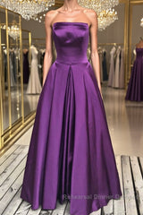 Simple Backless Purple Satin Long Semi Formal Prom Dresses, Backless Purple Formal Dresses, Purple Evening Dresses