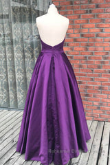Simple Backless Purple Satin Long Semi Formal Prom Dresses, Backless Purple Formal Dresses, Purple Evening Dresses