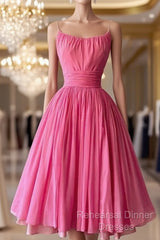 Simple Ball Gown Spaghetti Straps Pink Chiffon Semi Formal Prom Dresses Birthday Outfits