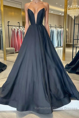 Simple black satin long Semi Formal Prom Dresses, black evening Dresses