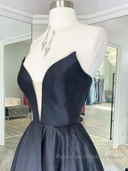 Simple black satin long Semi Formal Prom Dresses, black evening Dresses
