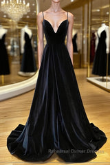 Simple Black velvet long Semi Formal Prom Dresses, black evening Dresses