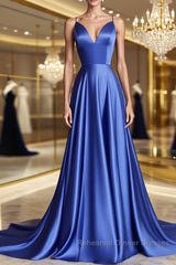 Simple blue v neck satin long Semi Formal Prom Dresses blue evening Dresses