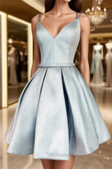Simple blue v neck satin short Semi Formal Prom Dresses, blue homecoming Dresses