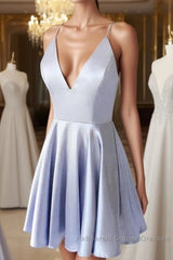 Simple blue v neck short Semi Formal Prom Dresses, blue homecoming Dresses