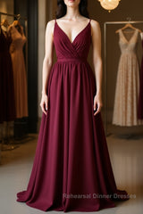 Simple burgundy chiffon lace long Semi Formal Prom Dresses, burgundy evening Dresses