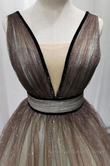 Simple Coffee tulle sequin long Semi Formal Prom Dresses coffee evening Dresses