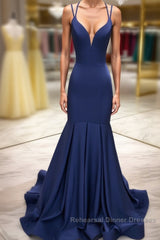 Simple dark blue satin long Semi Formal Prom Dresses blue evening Dresses