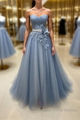 Simple gray blue tulle lace applique long Semi Formal Prom Dresses, tulle evening Dresses