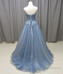 Simple gray blue tulle lace applique long Semi Formal Prom Dresses, tulle evening Dresses