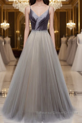 Simple gray v neck tulle long Semi Formal Prom Dresses, gray tulle formal Dresses