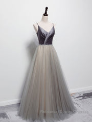 Simple gray v neck tulle long Semi Formal Prom Dresses, gray tulle formal Dresses