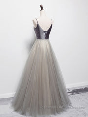 Simple gray v neck tulle long Semi Formal Prom Dresses, gray tulle formal Dresses