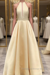 Simple Halter Yellow Satin Long Semi Formal Prom Dresses 2019, Yellow Formal Dresses Long Evening Dresses