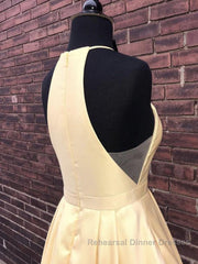Simple Halter Yellow Satin Long Semi Formal Prom Dresses 2019, Yellow Formal Dresses Long Evening Dresses