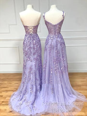 Simple Long Purple Lace Semi Formal Prom Dresses Evening Dress