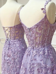 Simple Long Purple Lace Semi Formal Prom Dresses Evening Dress