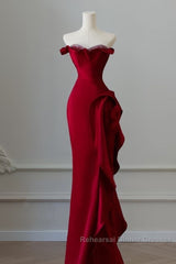 Simple Mermaid Off The Shoulder Neckline Burgundy Sequin Long Party Dress Semi Formal Prom Dresses