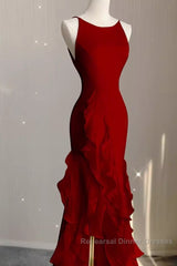 Simple Mermaid Red Chiffon Long Semi Formal Prom Dress