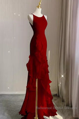 Simple Mermaid Red Chiffon Long Semi Formal Prom Dress