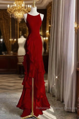 Simple Mermaid Red Chiffon Long Semi Formal Prom Dress