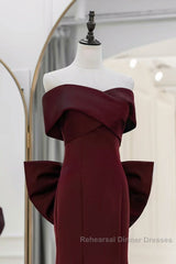 Simple Mermaid Satin Burgundy Long Semi Formal Prom Dress, Burgundy Long Formal Dress