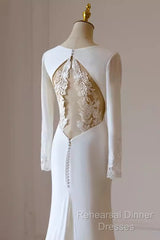 Simple Mermaid V Neckline Satin Ivory Long Sleeves Wedding Dresses