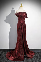 Simple Off Shoulder Burgundy Long Semi Formal Prom Dress, Burgundy Long Formal Dress