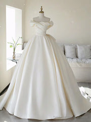 Simple Off Shoulder Satin ivory Long Wedding Dress