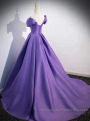Simple Off Shoulder Satin Purple Long Semi Formal Prom Dress Court Train Dresses Evening Dress