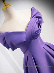 Simple Off Shoulder Satin Purple Long Semi Formal Prom Dress Court Train Dresses Evening Dress