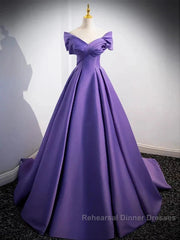 Simple Off Shoulder Satin Purple Long Semi Formal Prom Dress Court Train Dresses Evening Dress
