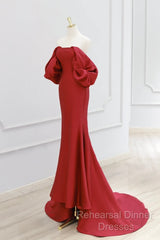 Simple Off Shoulder Satin Red Mermaid Long Semi Formal Prom Dress, Red Long Formal Dress