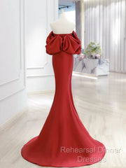 Simple Off Shoulder Satin Red Mermaid Long Semi Formal Prom Dress, Red Long Formal Dress