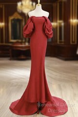 Simple Off Shoulder Satin Red Mermaid Long Semi Formal Prom Dress, Red Long Formal Dress