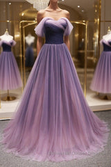 Simple off shoulder tulle long Semi Formal Prom Dresses, tulle formal Dresses