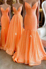 Simple Orange sequin long Semi Formal Prom Dresses orange long evening Dresses
