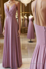 Simple pink chiffon long Semi Formal Prom Dresses, pink evening Dresses
