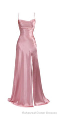 Simple Pink Spaghetti Straps Long Semi Formal Prom Dress with Split